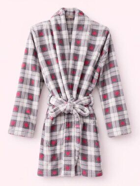 NWT Cozy Pink Heart Patterned Grey Plaid Robe w/ Hoodie